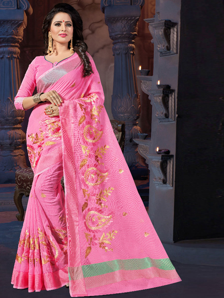 Rose Pink Super Net Printed Party Saree