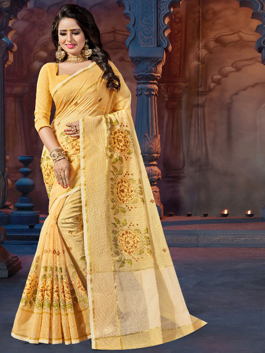 Saffron Yellow Super Net Printed Party Saree