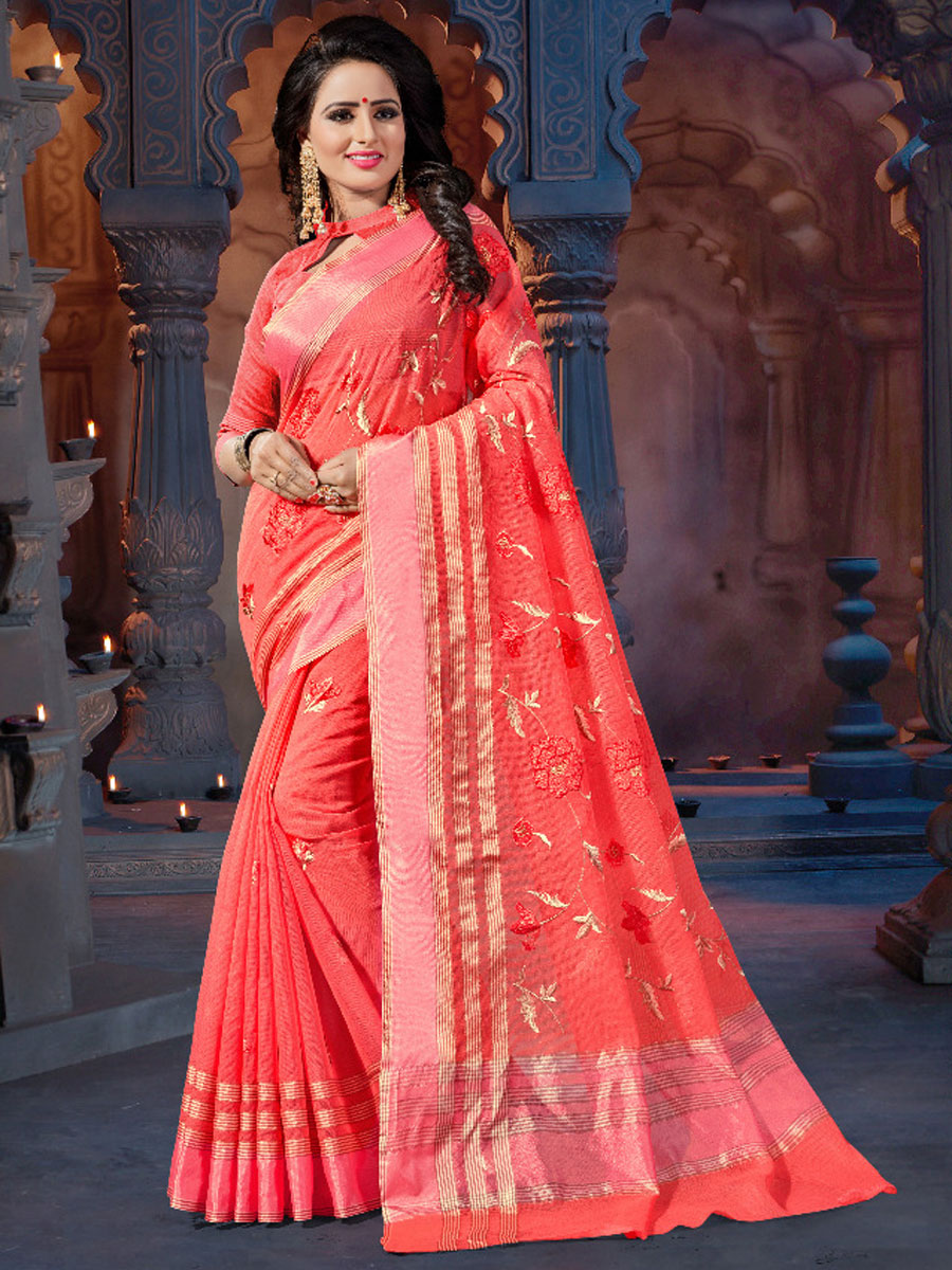 Coral Red Super Net Printed Party Saree