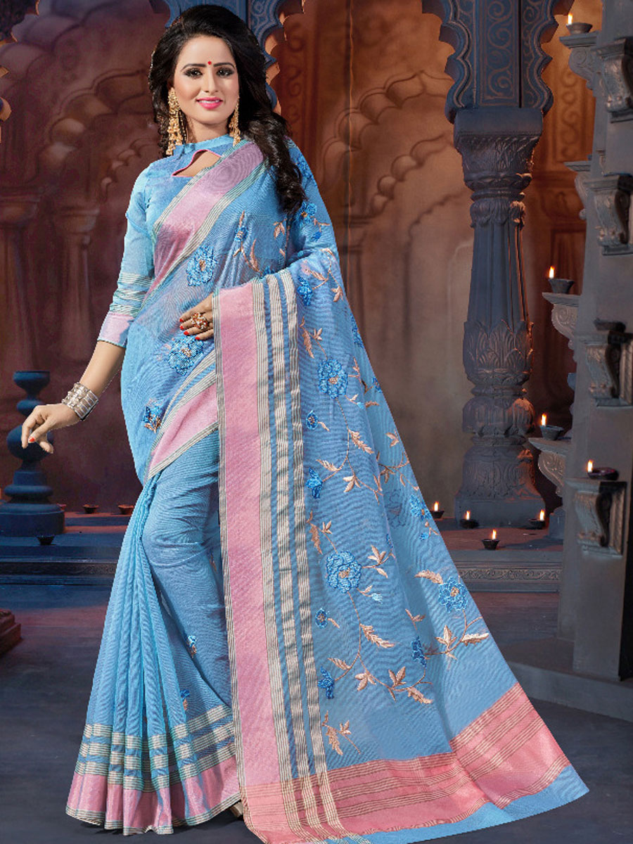 Sky Blue Super Net Printed Party Saree