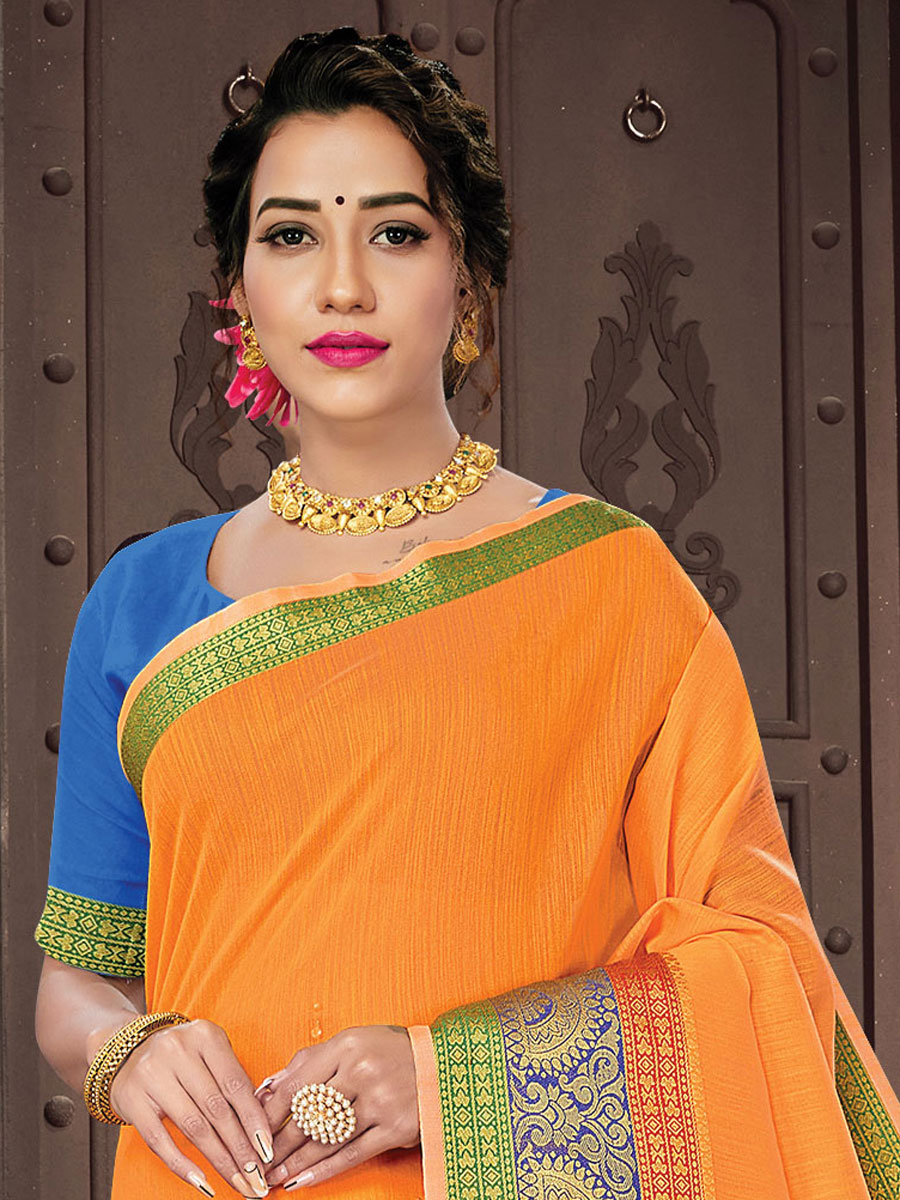 Pumpkin Orange Cotton Handwoven Festival Saree