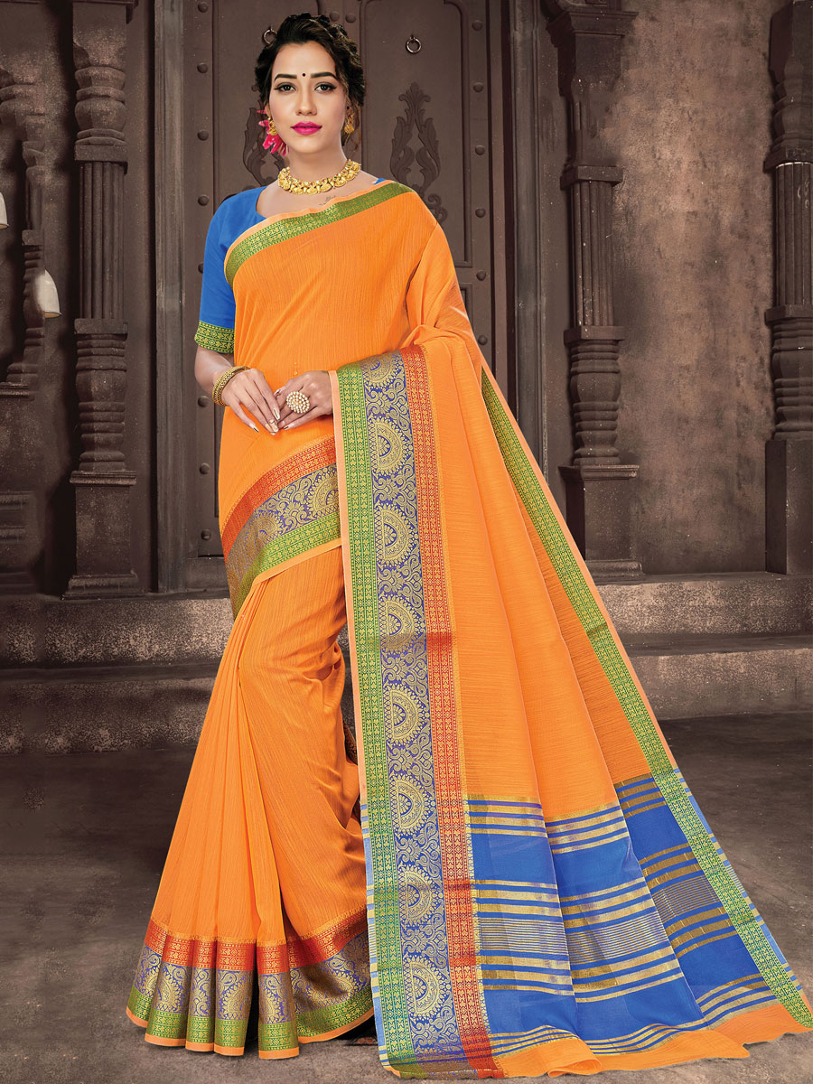 Pumpkin Orange Cotton Handwoven Festival Saree