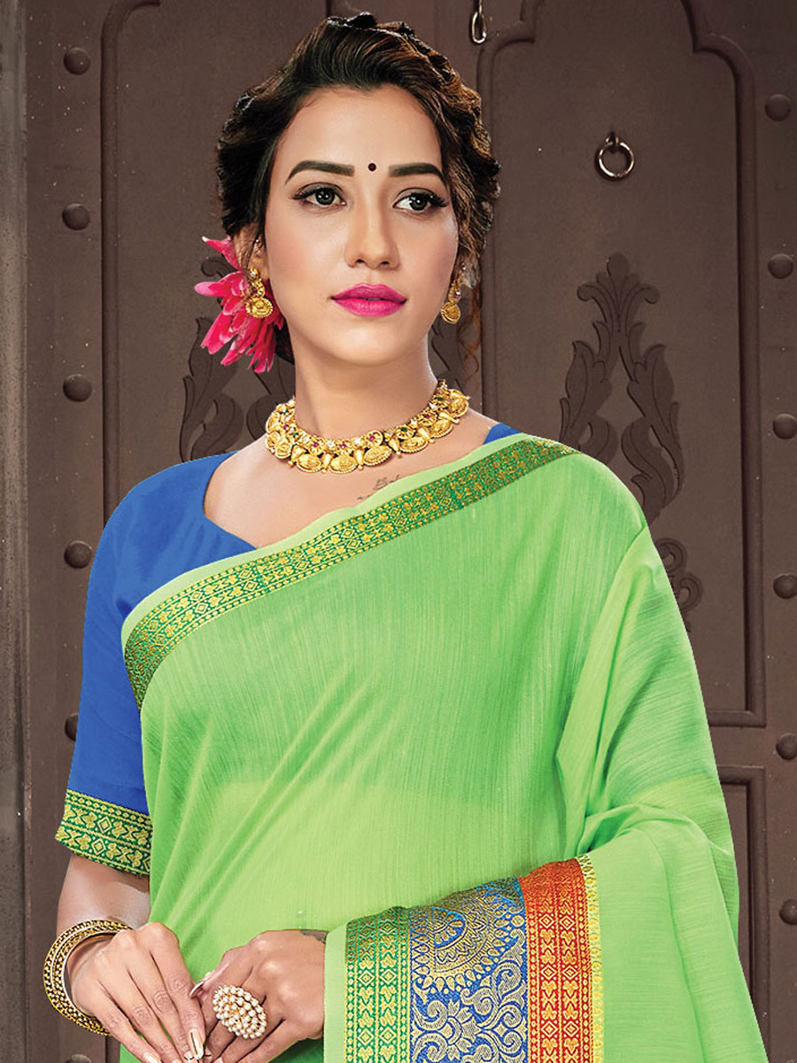 Light Parrot Green Cotton Handwoven Festival Saree