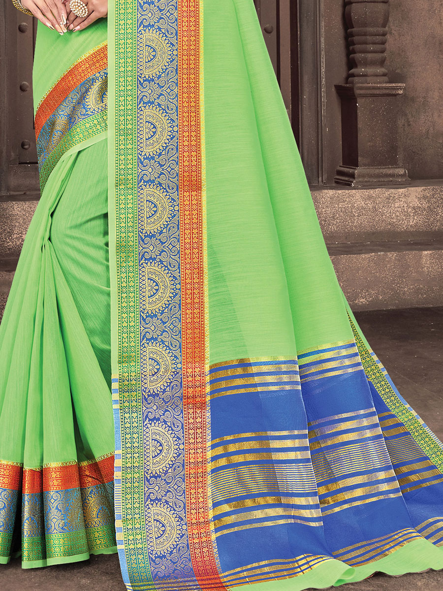 Light Parrot Green Cotton Handwoven Festival Saree