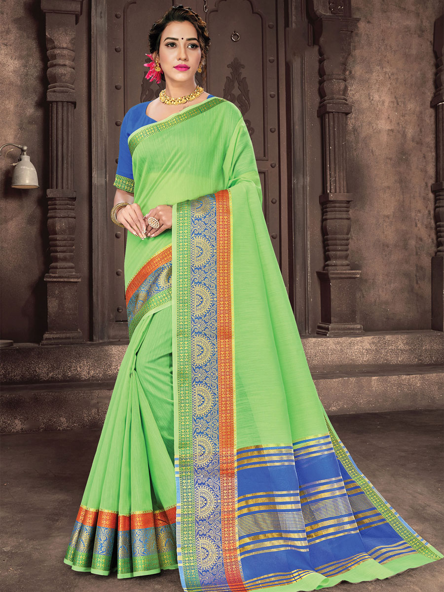 Light Parrot Green Cotton Handwoven Festival Saree