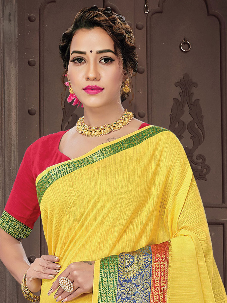 Lemon Yellow Cotton Handwoven Festival Saree