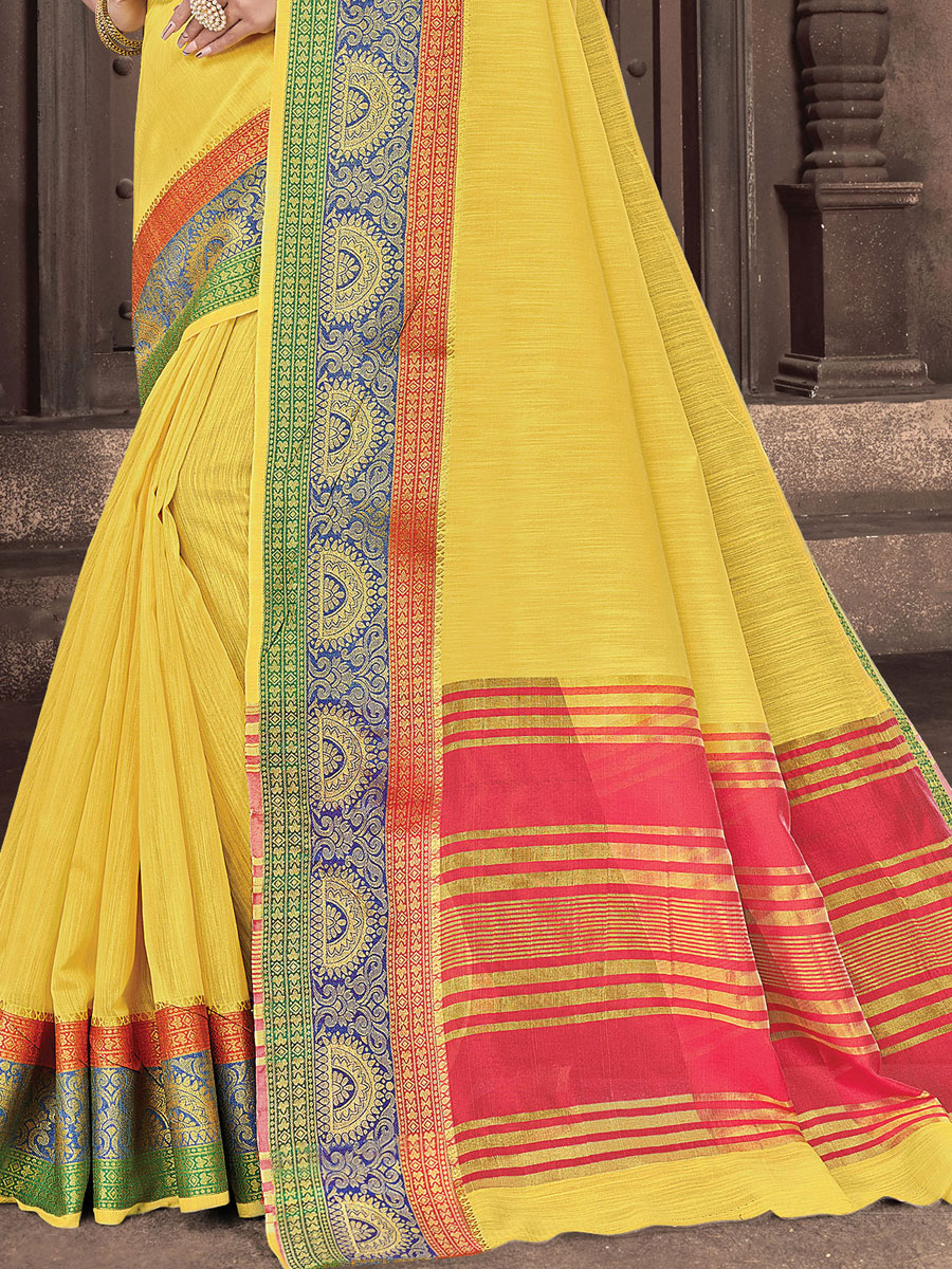 Lemon Yellow Cotton Handwoven Festival Saree