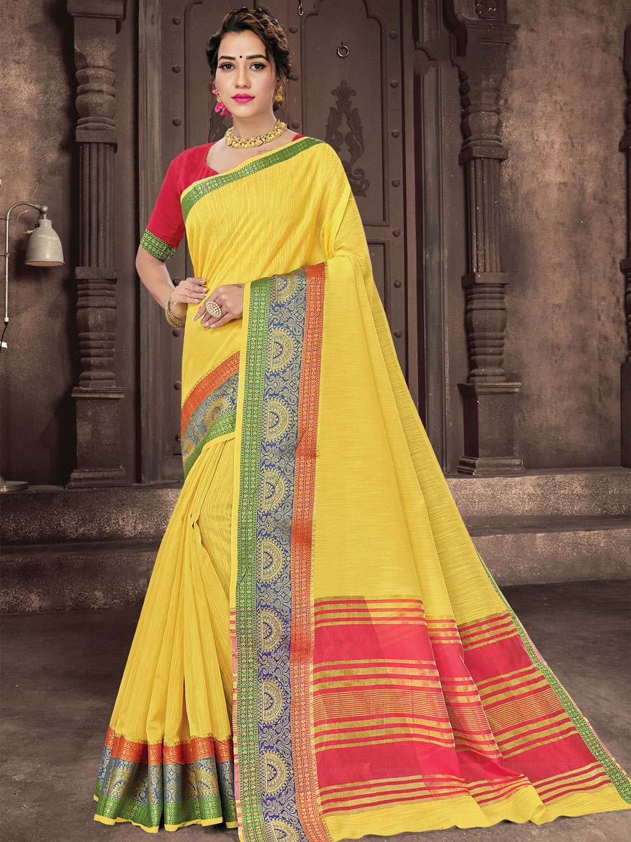 Lemon Yellow Cotton Handwoven Festival Saree