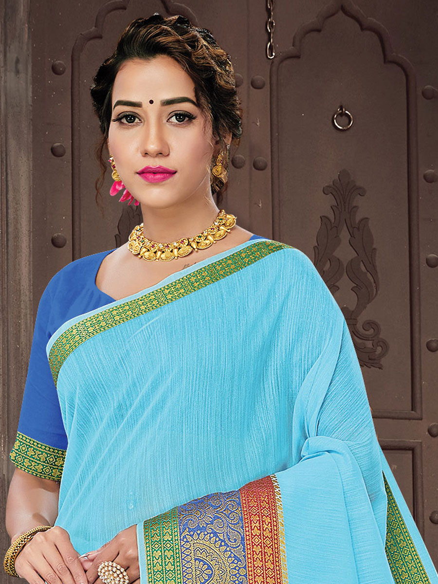 Sky Blue Cotton Handwoven Festival Saree