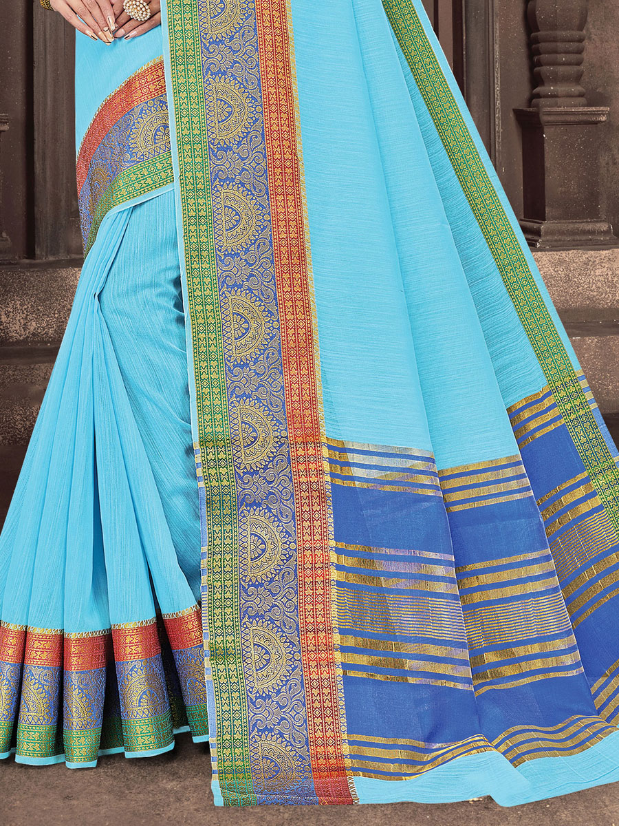 Sky Blue Cotton Handwoven Festival Saree