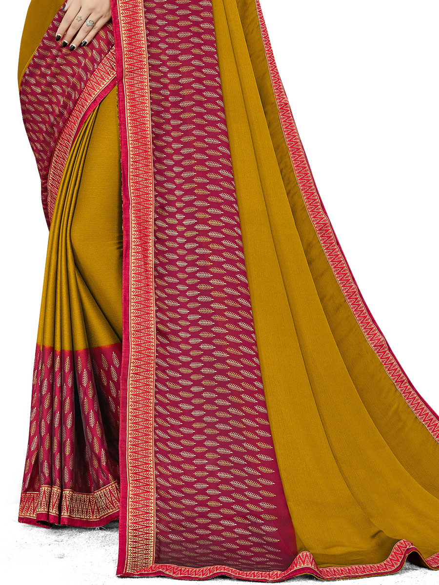 Mustard Yellow and Magenta Pink Rangoli Silk Printed Festival Saree
