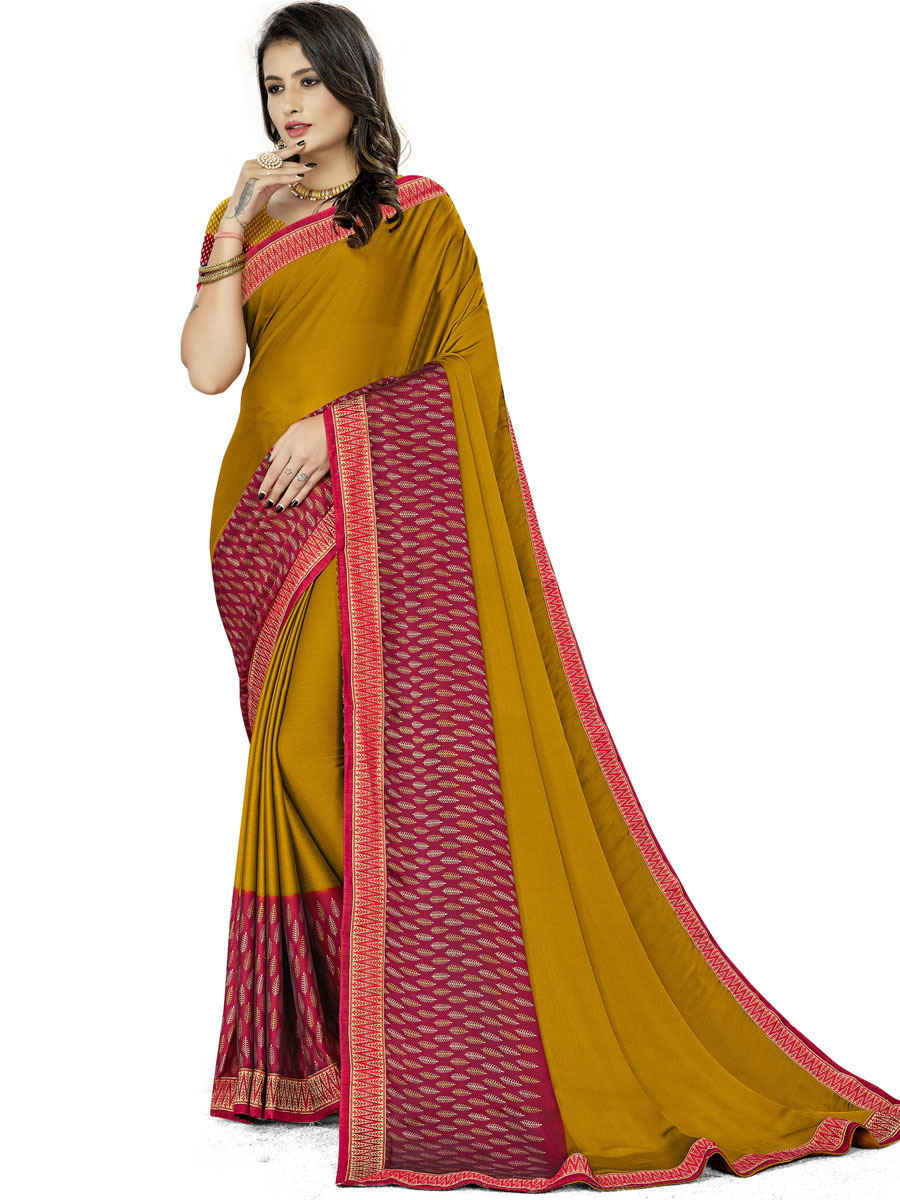 Mustard Yellow and Magenta Pink Rangoli Silk Printed Festival Saree