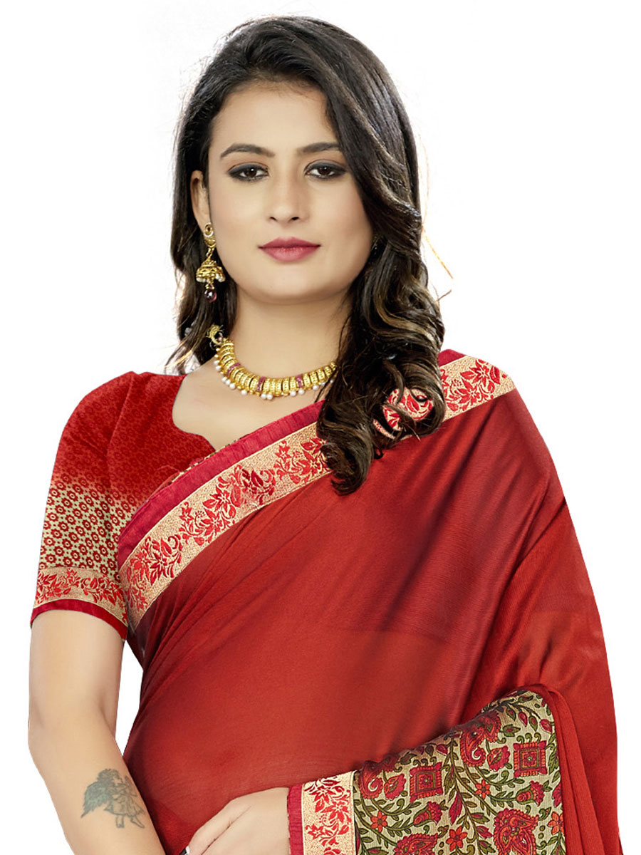Rose Madder Red Rangoli Silk Printed Festival Saree