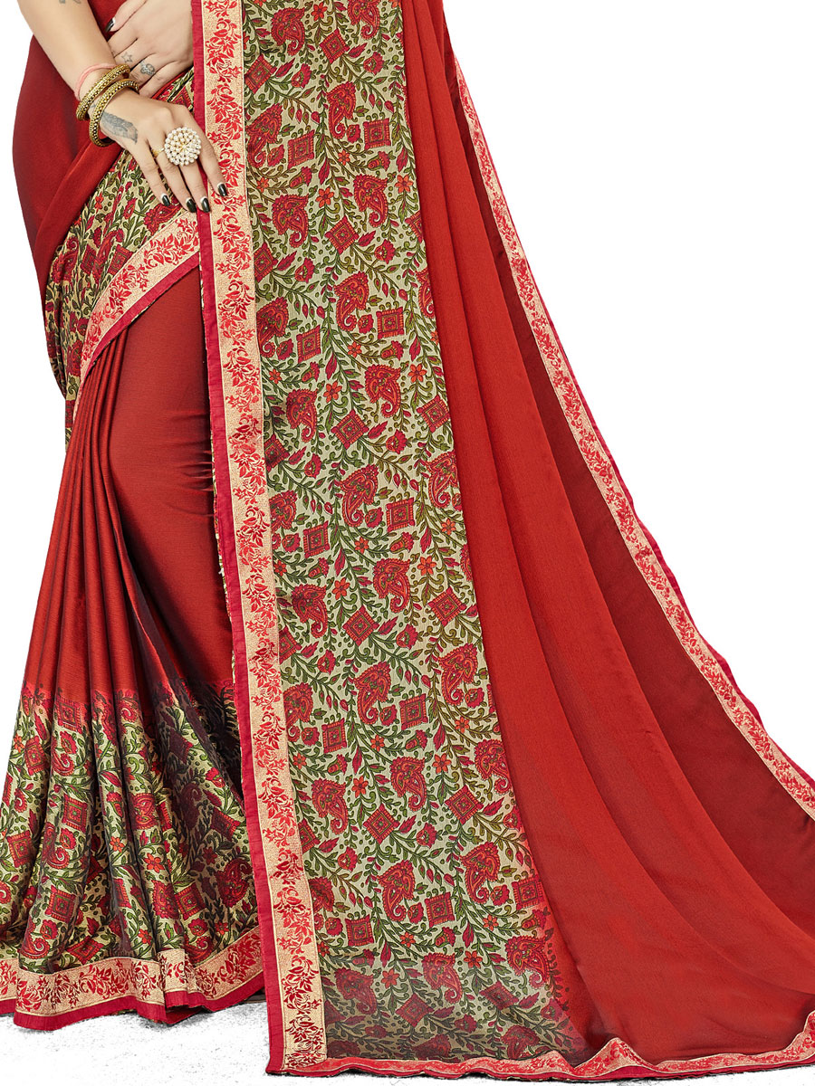 Rose Madder Red Rangoli Silk Printed Festival Saree