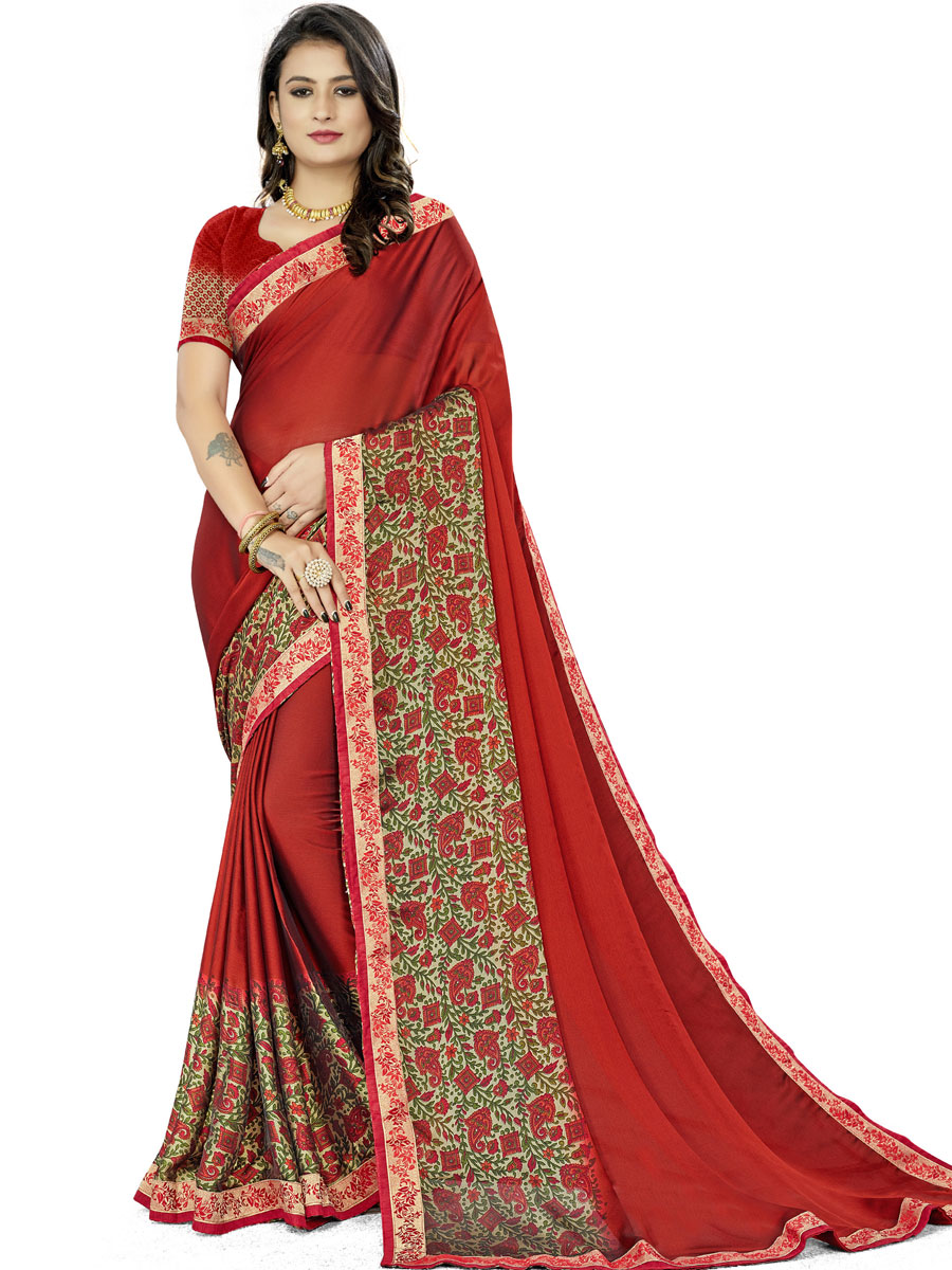 Rose Madder Red Rangoli Silk Printed Festival Saree