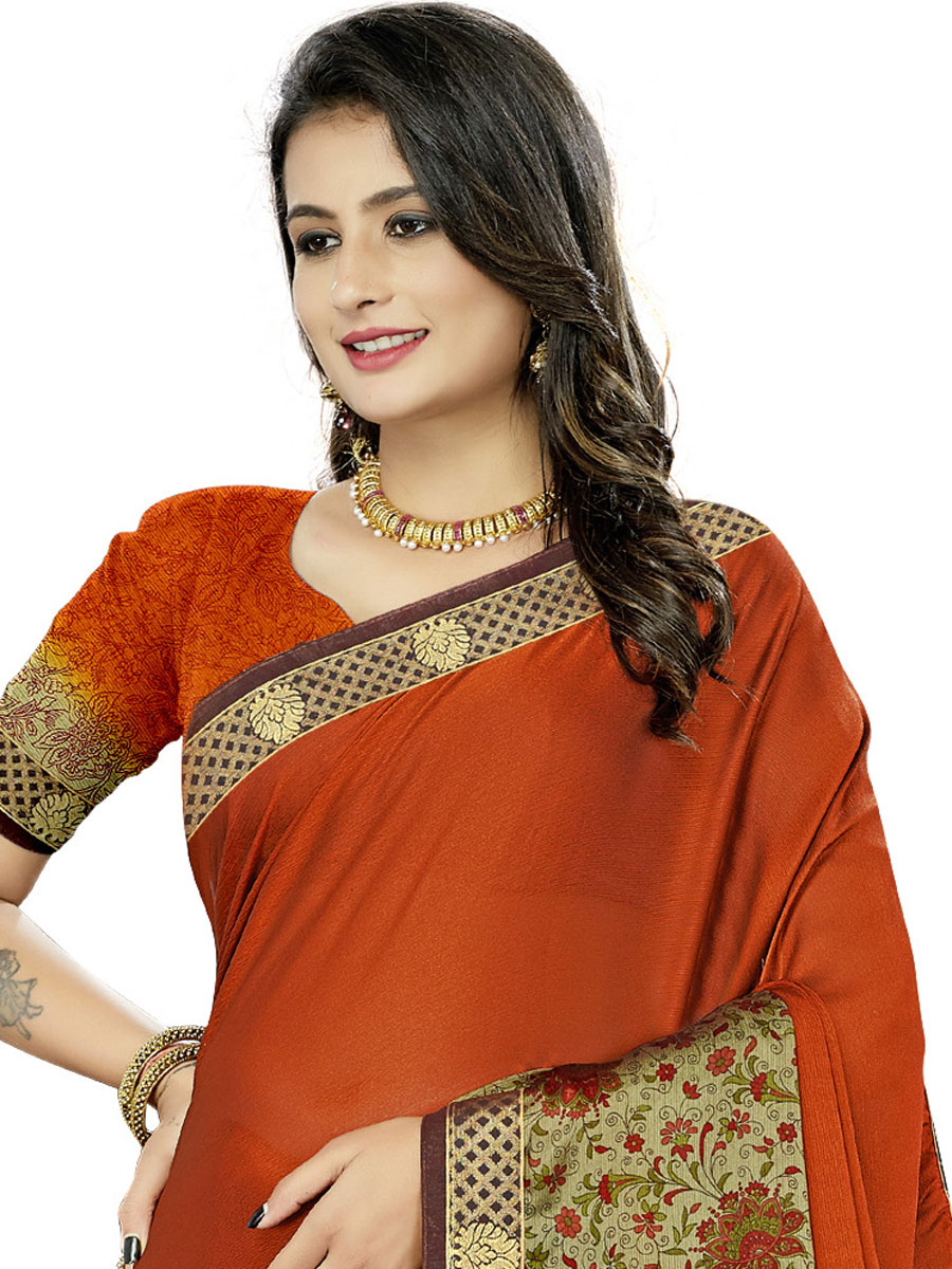 Burnt Orange Rangoli Silk Printed Festival Saree