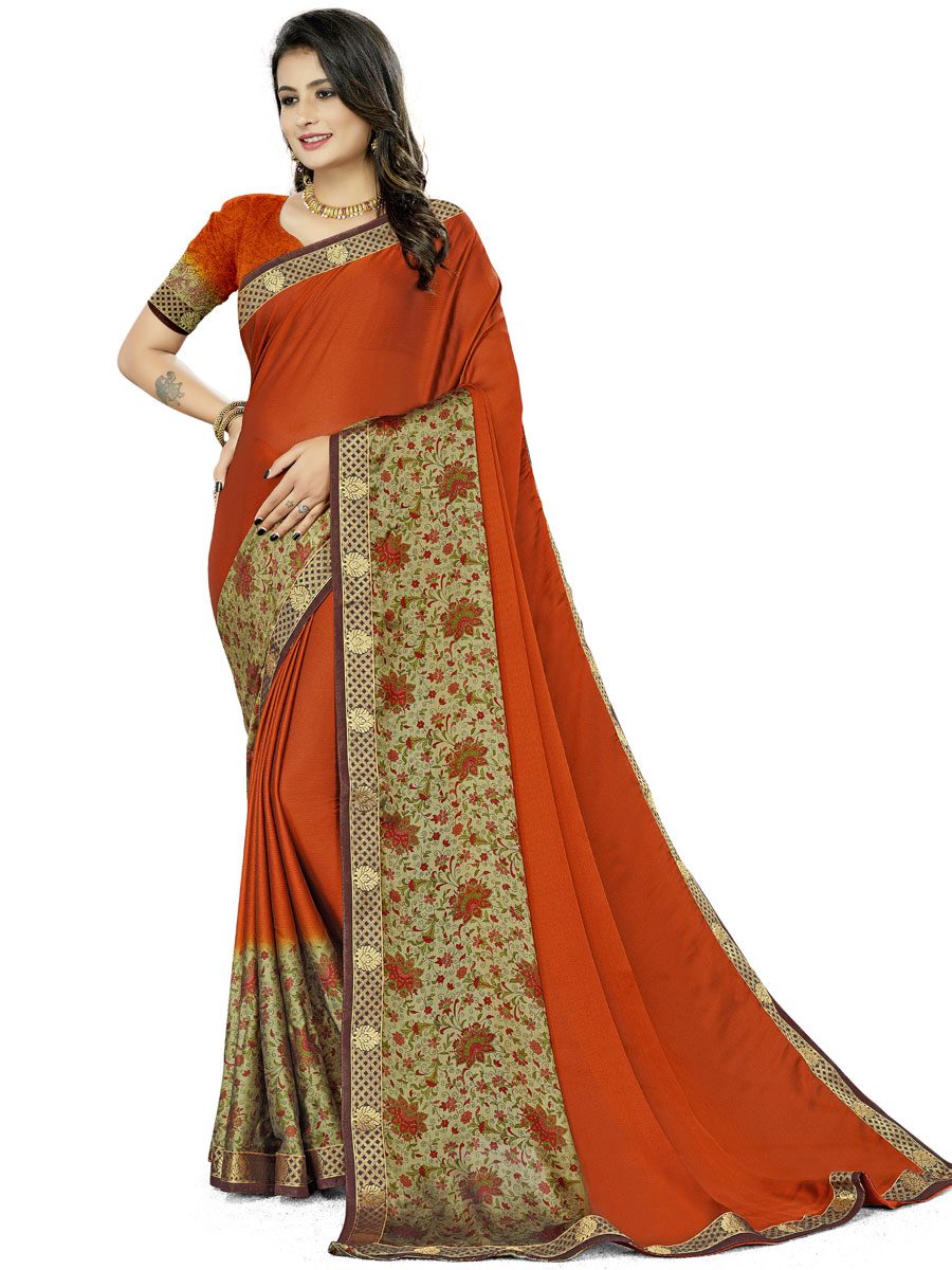 Burnt Orange Rangoli Silk Printed Festival Saree