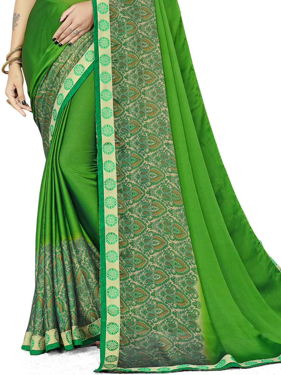 Parrot Green Rangoli Silk Printed Festival Saree