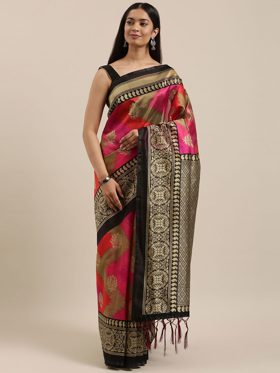 Cerise Pink Art Silk Printed Party Saree