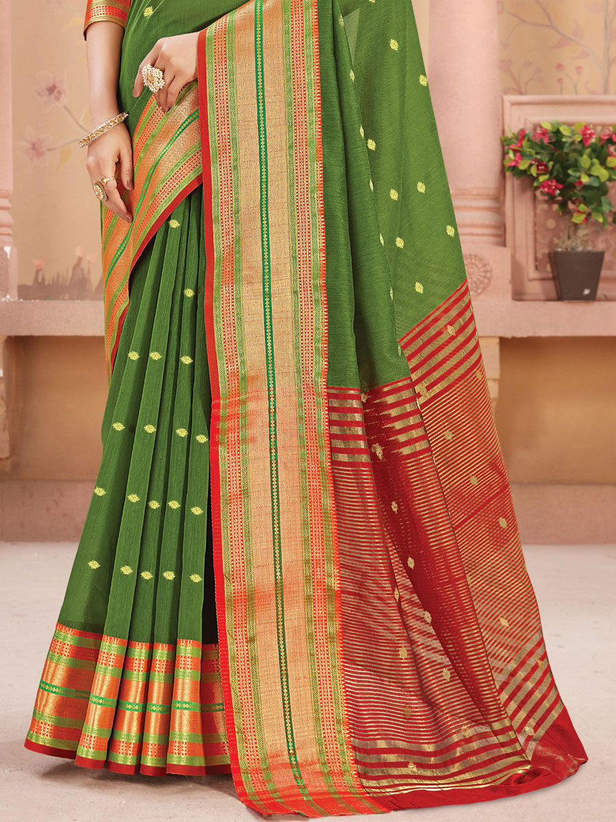 Parrot Green Silk Handwoven Festival Saree