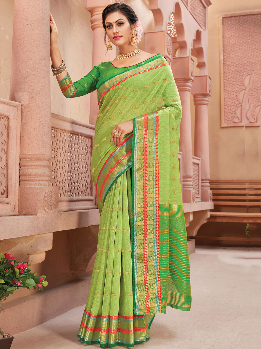 Light Parrot Green Silk Handwoven Festival Saree