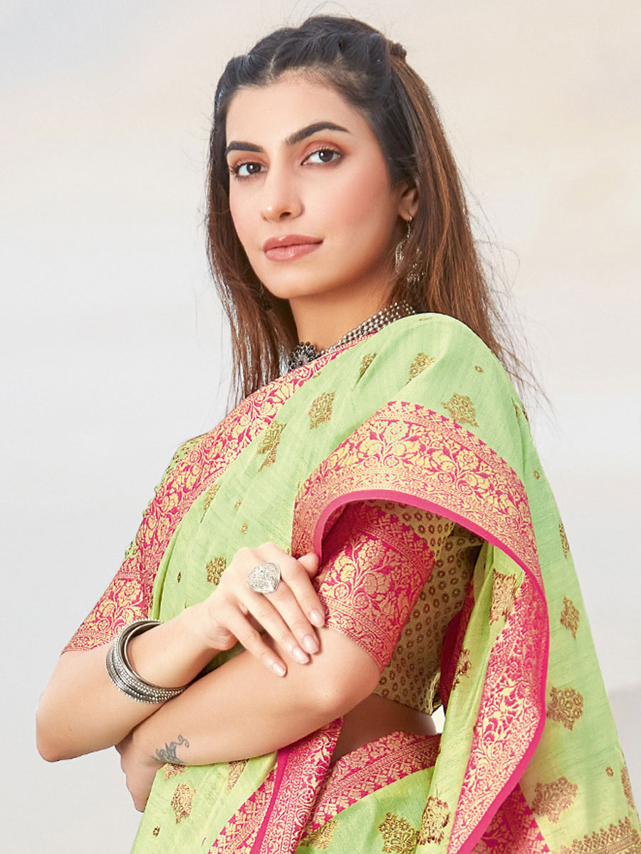Light Parrot Green Cotton Handwoven Festival Saree