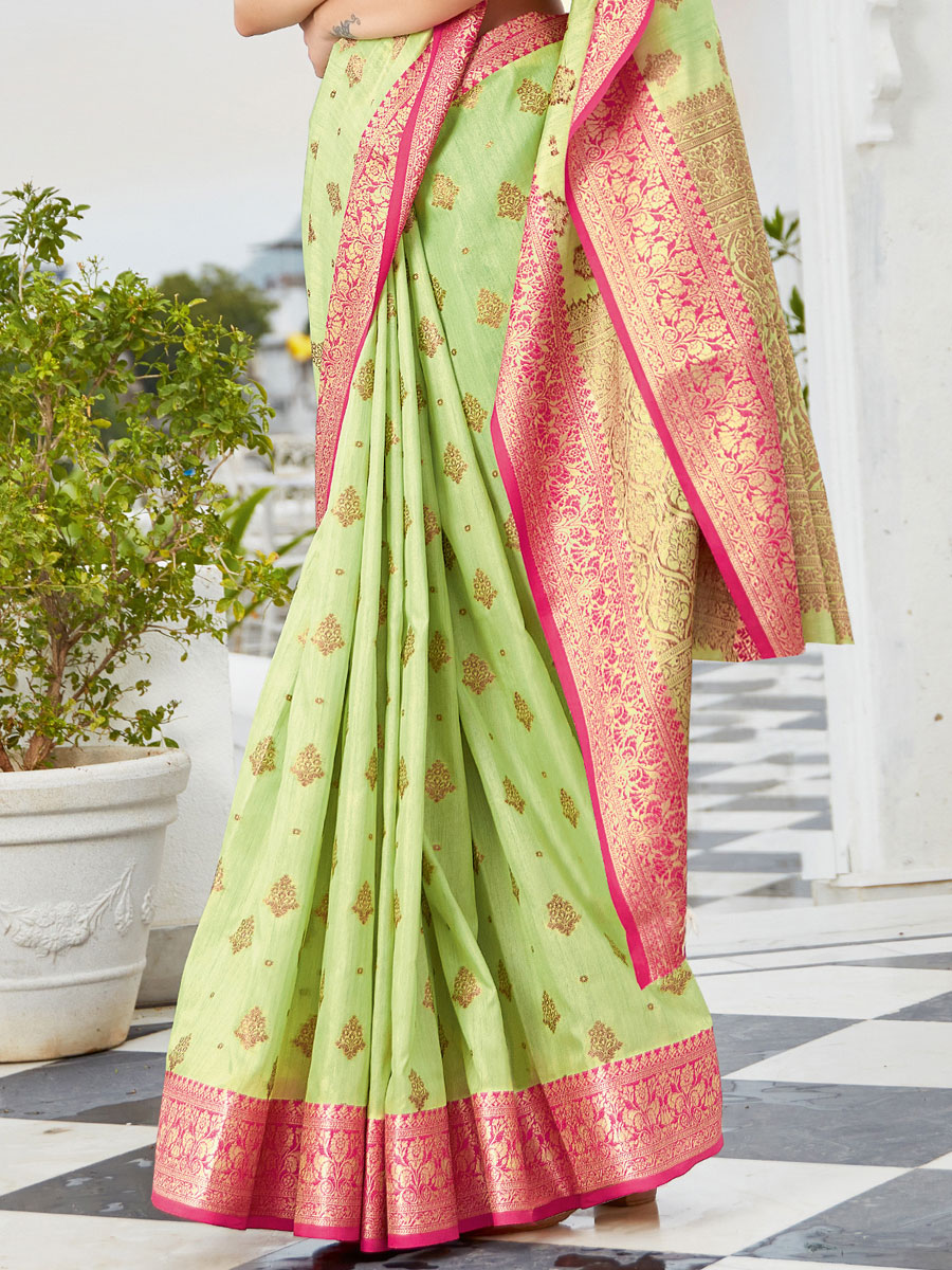 Light Parrot Green Cotton Handwoven Festival Saree