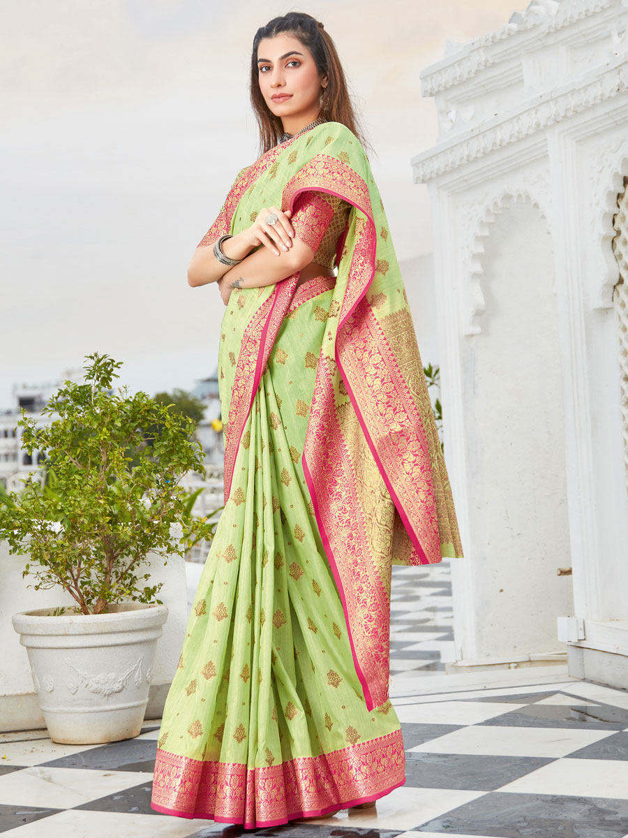 Light Parrot Green Cotton Handwoven Festival Saree