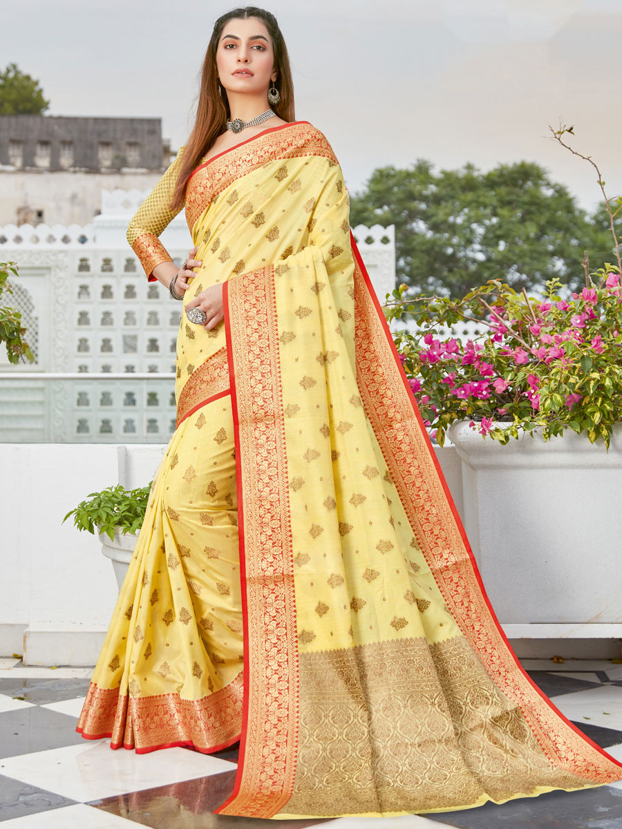 Light Yellow Cotton Handwoven Festival Saree