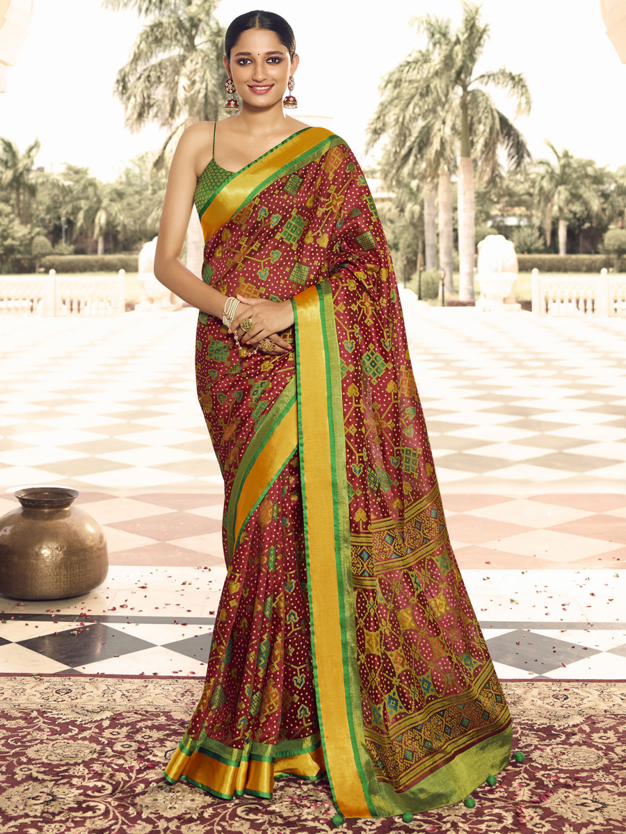 Cerise Pink Brasso Printed Festival Saree