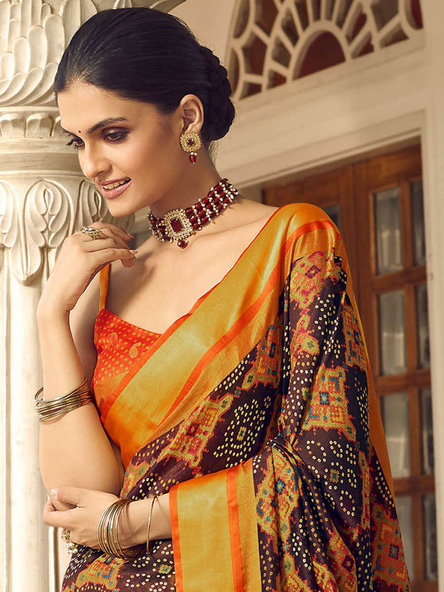 Auburn Brown Brasso Printed Festival Saree