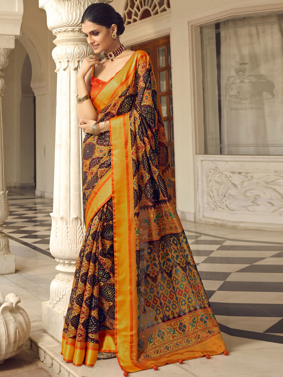 Auburn Brown Brasso Printed Festival Saree