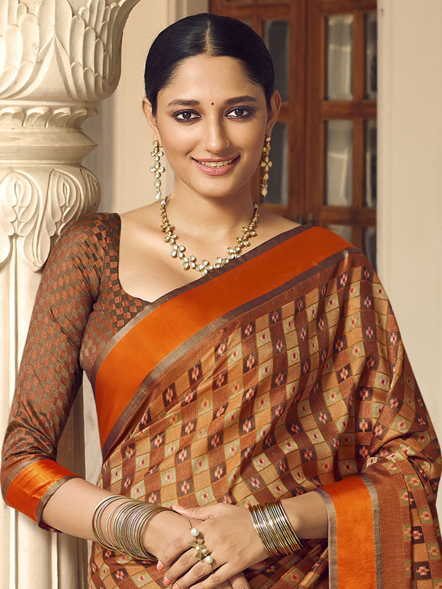Bronze Brown and Tan Brown Brasso Printed Festival Saree