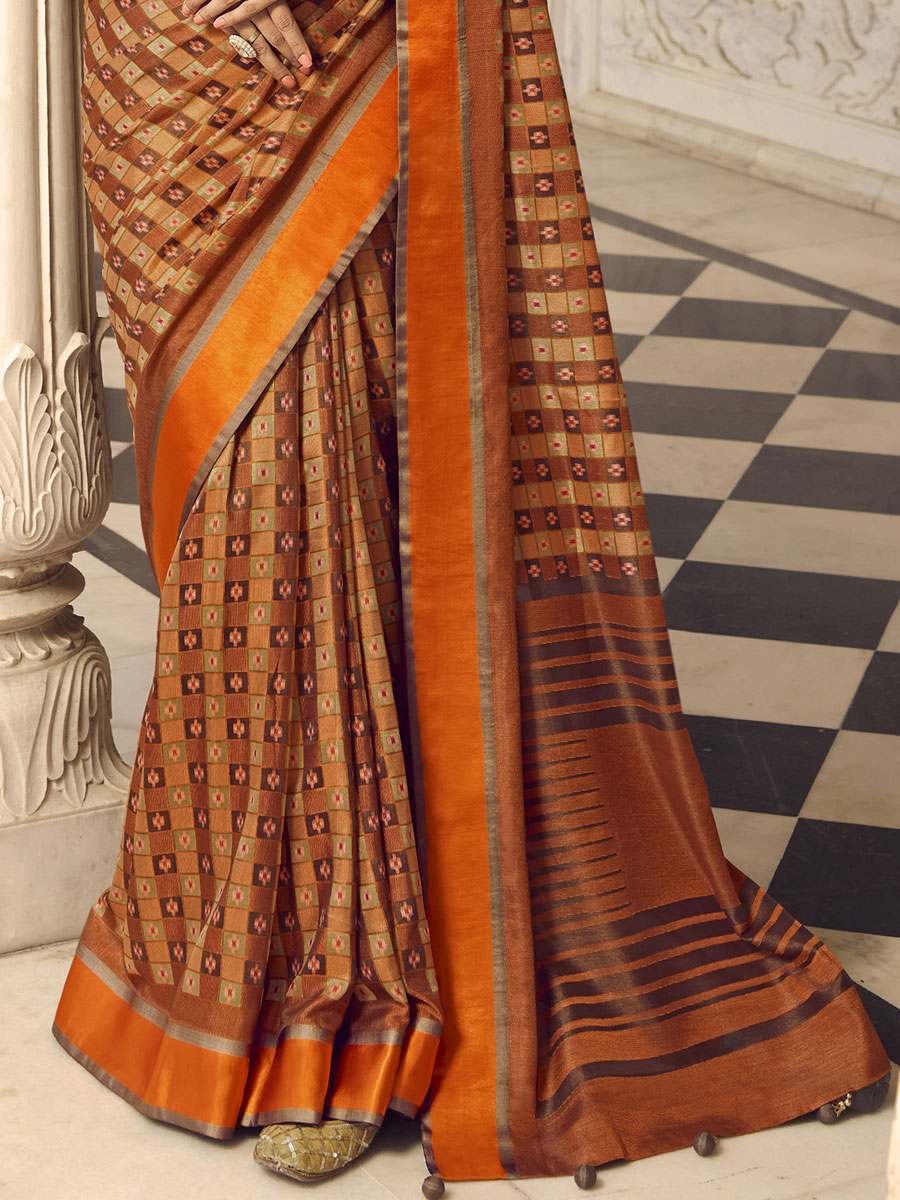 Bronze Brown and Tan Brown Brasso Printed Festival Saree