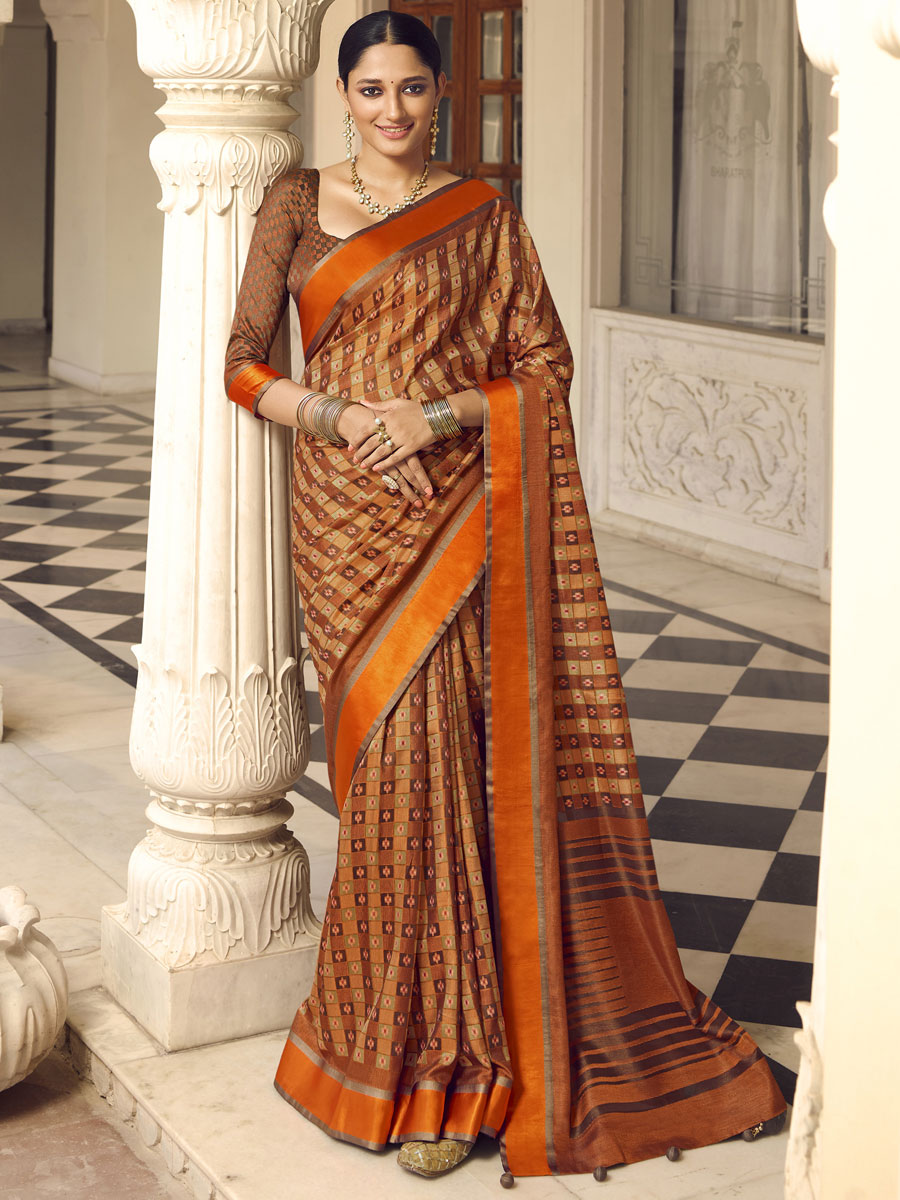 Bronze Brown and Tan Brown Brasso Printed Festival Saree