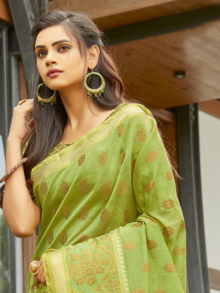Pear Green Cotton Handwoven Festival Saree