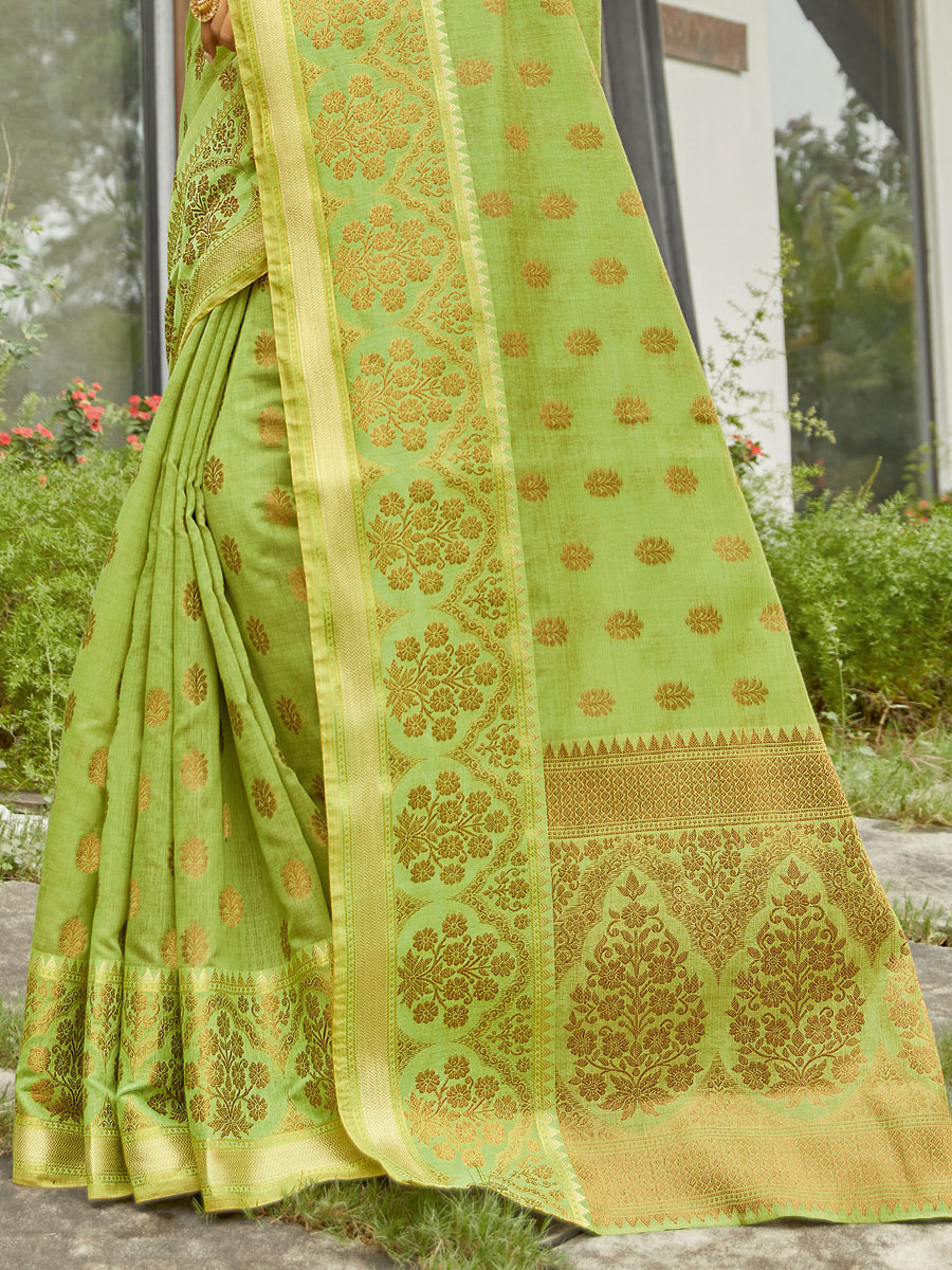 Pear Green Cotton Handwoven Festival Saree