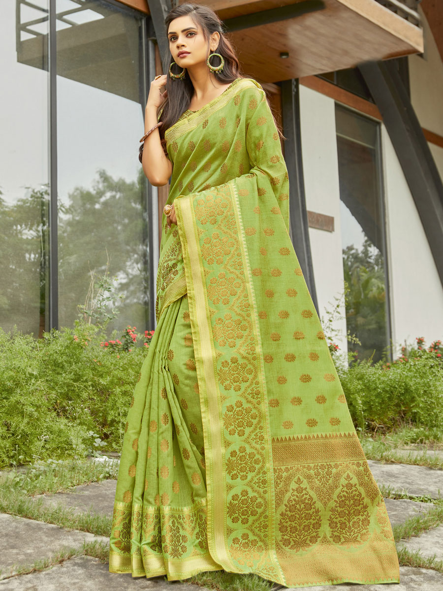 Pear Green Cotton Handwoven Festival Saree