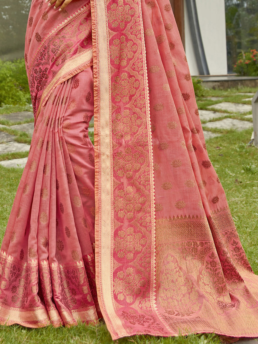 Salmon Pink Cotton Handwoven Festival Saree