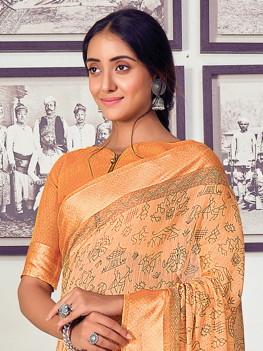 Peach Orange Cotton Printed Casual Saree