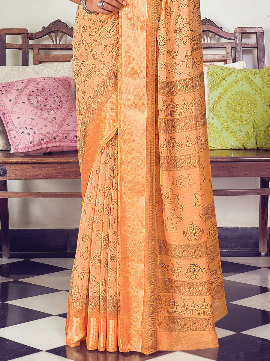 Peach Orange Cotton Printed Casual Saree