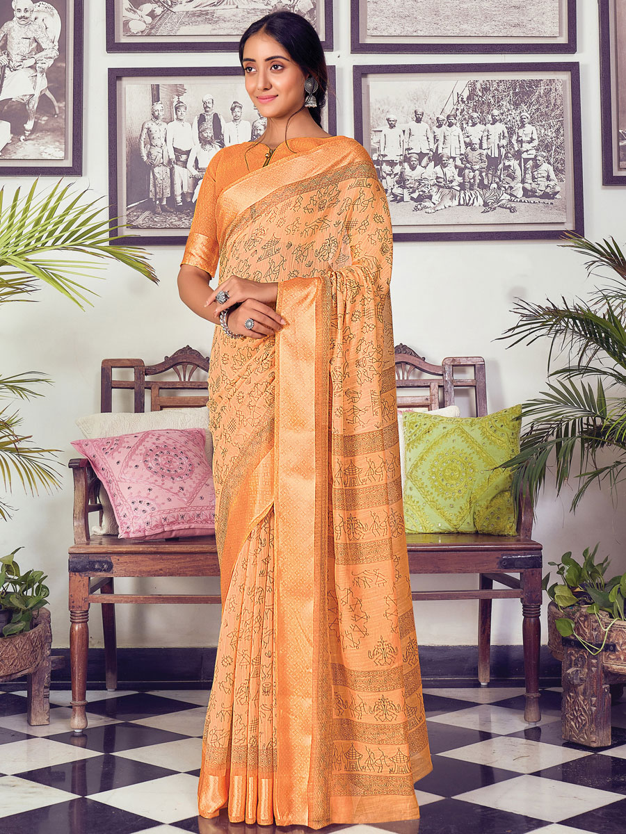 Peach Orange Cotton Printed Casual Saree