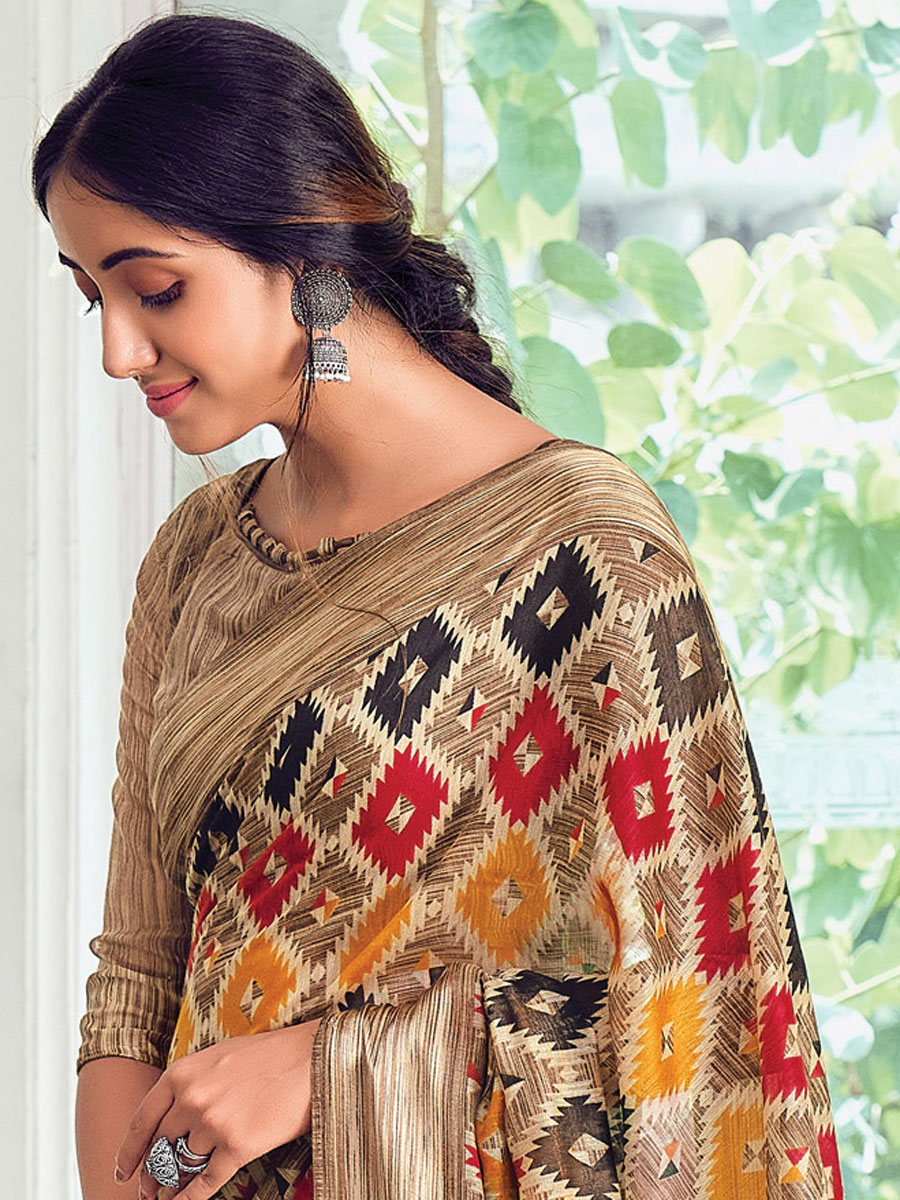 Dark Beige Brown Cotton Printed Casual Saree