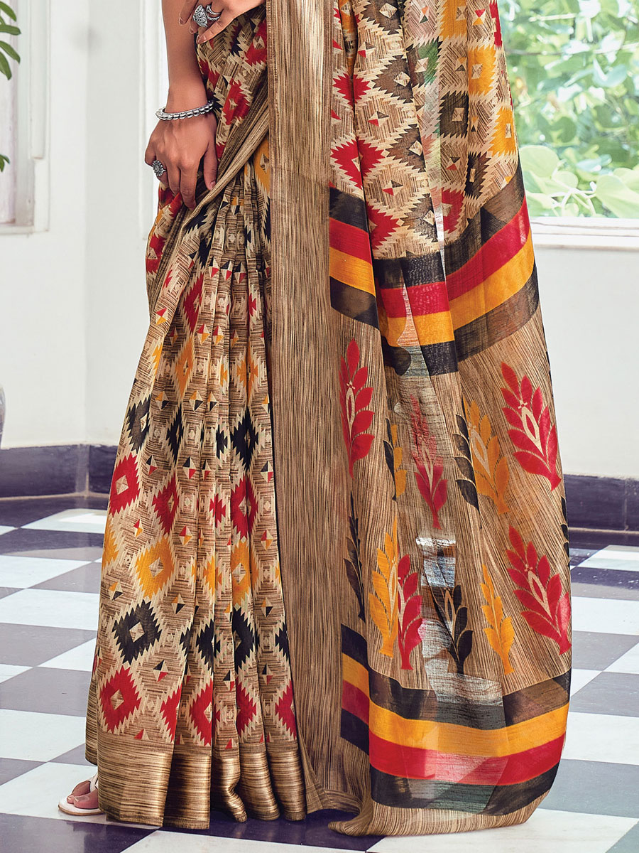 Dark Beige Brown Cotton Printed Casual Saree
