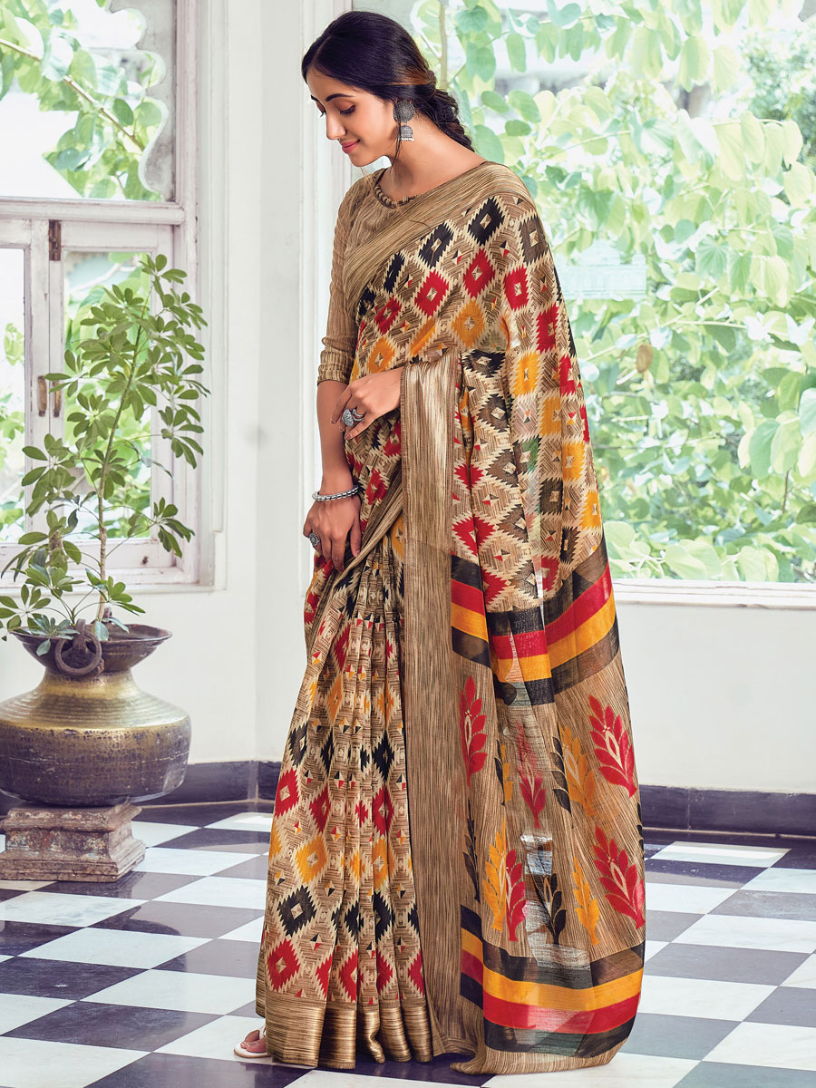 Dark Beige Brown Cotton Printed Casual Saree