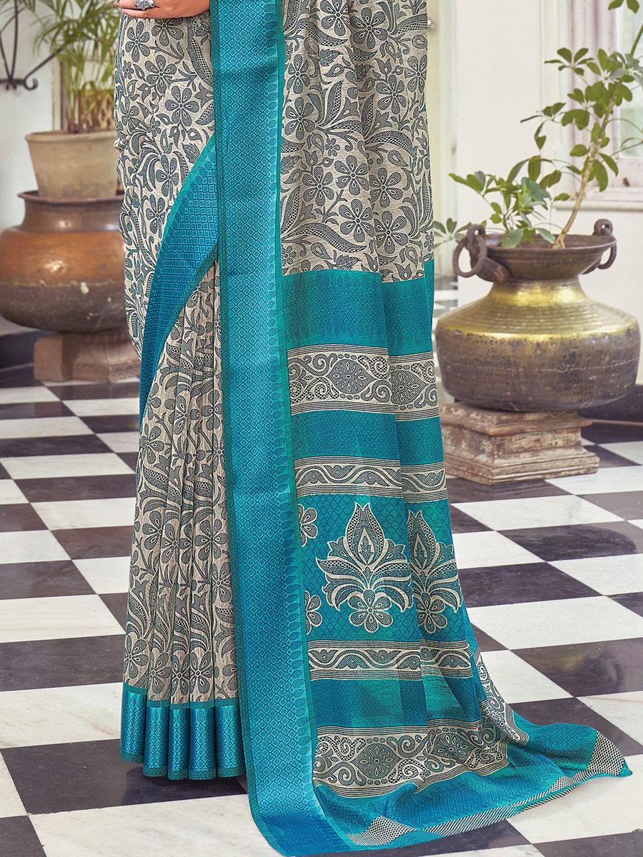 Grey Cotton Printed Casual Saree