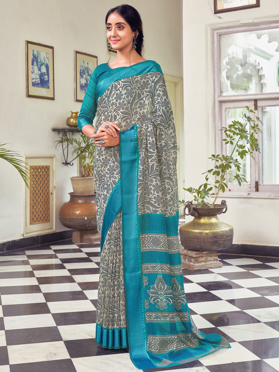 Grey Cotton Printed Casual Saree