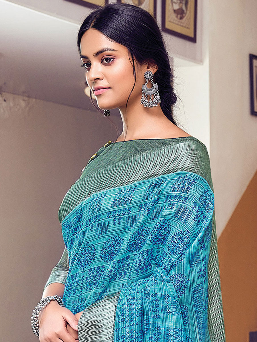 Sky Blue Cotton Printed Casual Saree