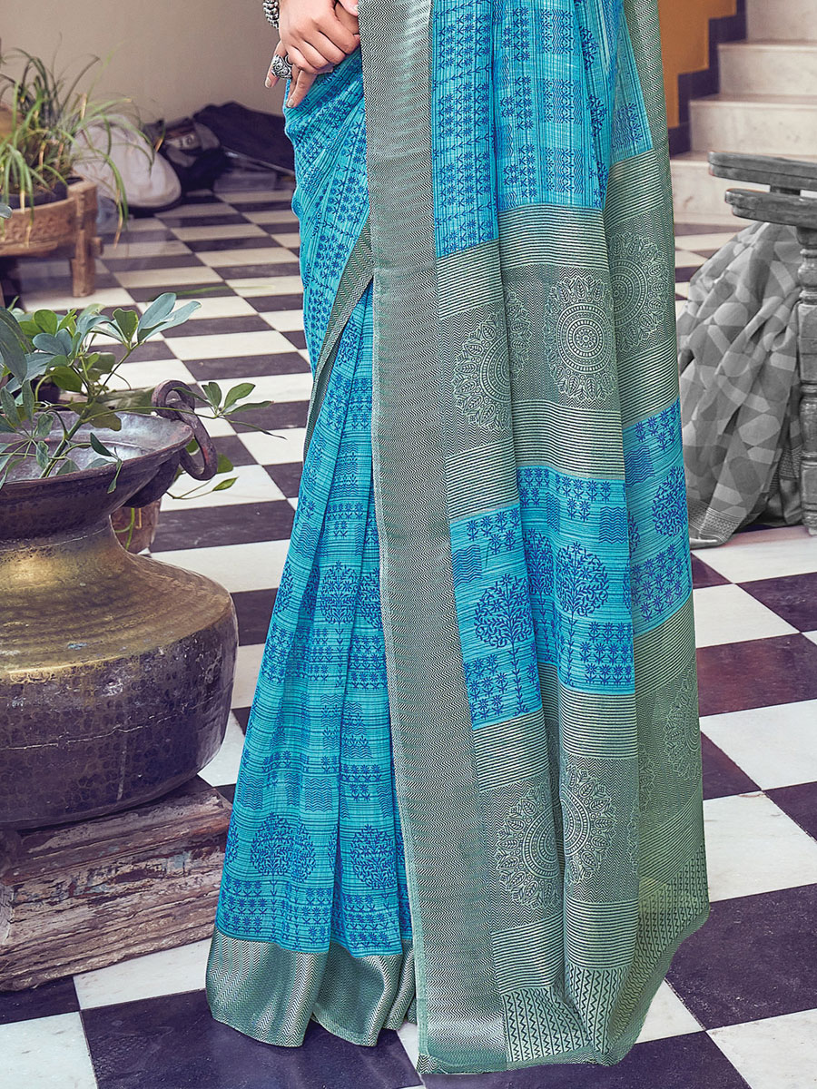 Sky Blue Cotton Printed Casual Saree