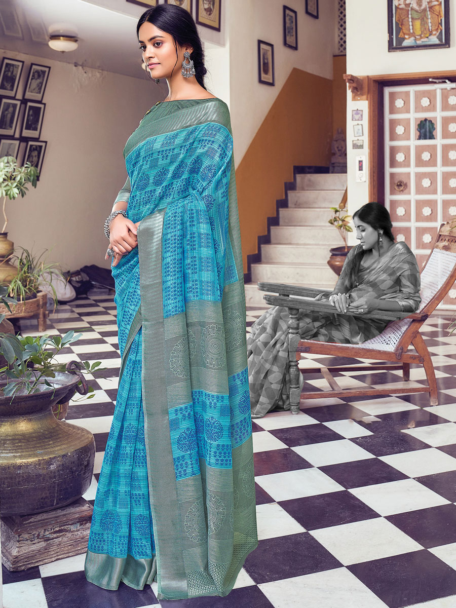 Sky Blue Cotton Printed Casual Saree